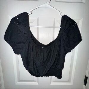 Hollister Black Ruched Crop Blouse with Cap Sleeves